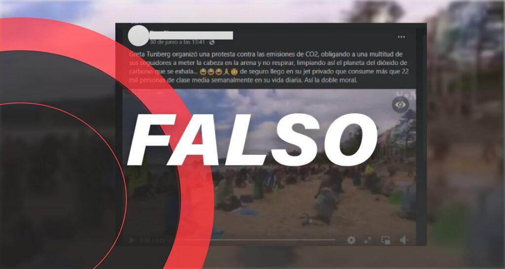 Falso que Greta Thunberg obligara a manifestantes a hundir la cabeza en la arena y no respirar