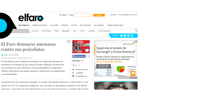 Diario digital El Faro, de El Salvador, denuncia amenazas en contra de sus periodistas