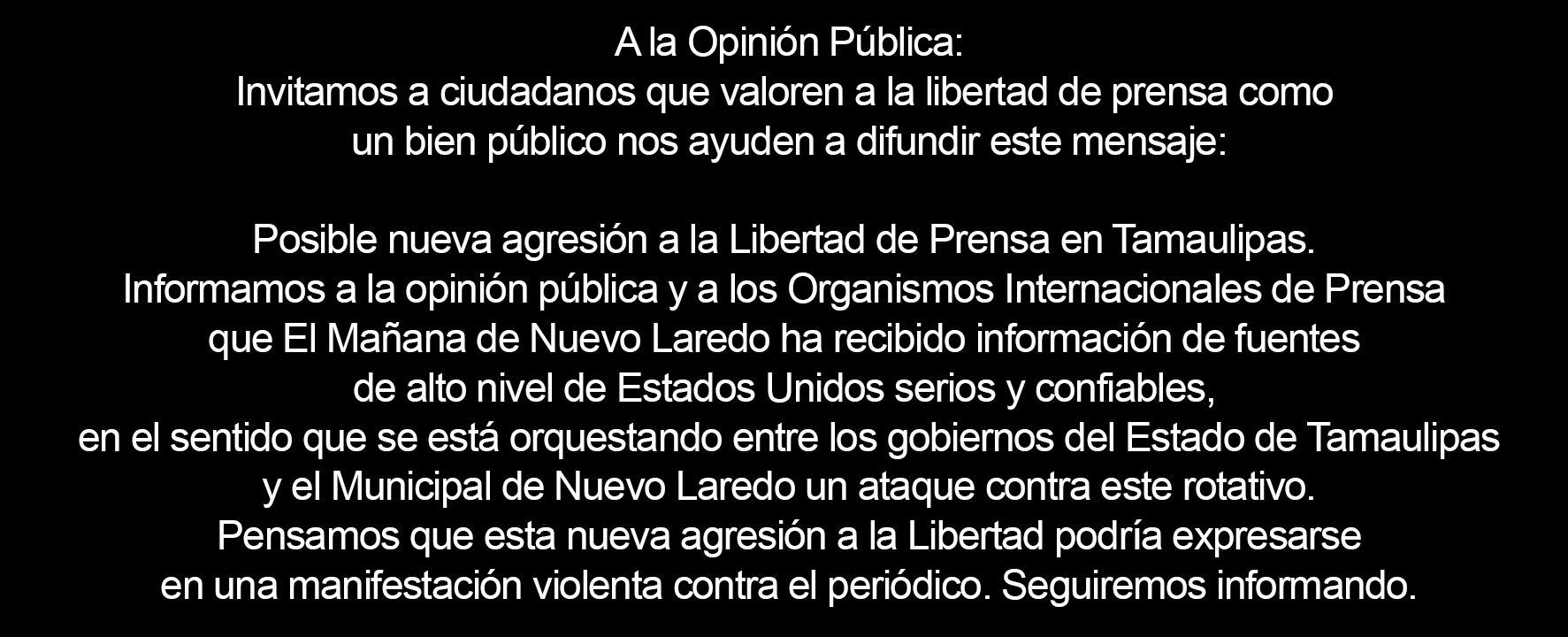 Diario El Mañana de Nuevo Laredo, Tamaulipas, alerta sobre posible ataque a sus instalaciones