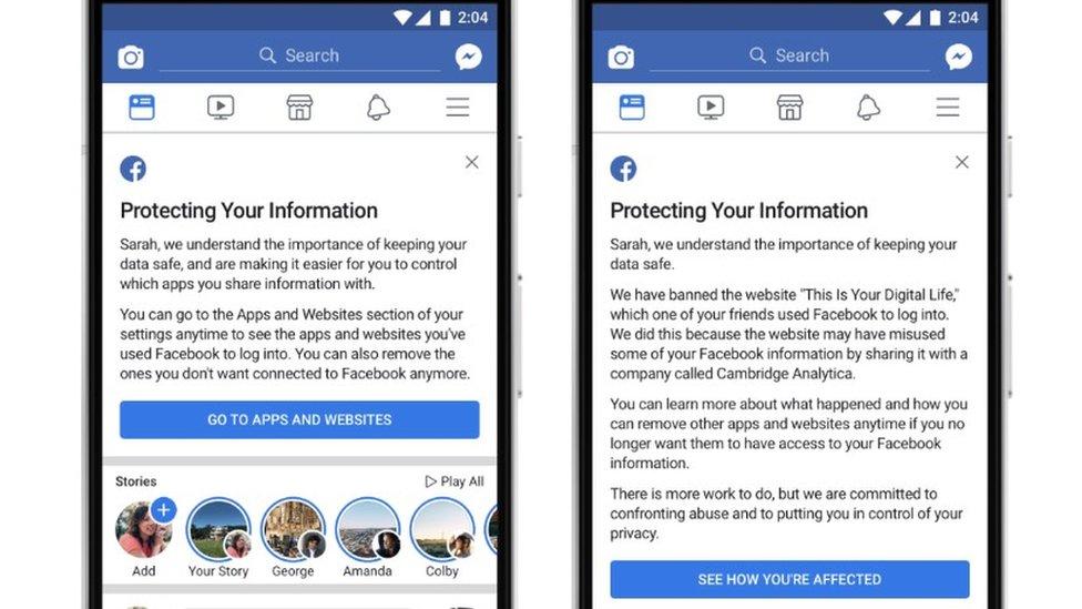 El mensaje que Facebook empezó a enviar a los 87 millones de usuarios cuyos datos personales fueron usados por Cambridge Analytica