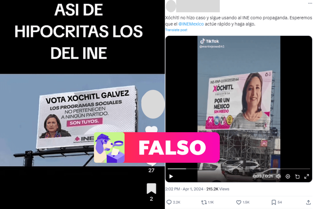 Falso que el INE promocione a Gálvez en espectaculares donde aparecen sus siglas