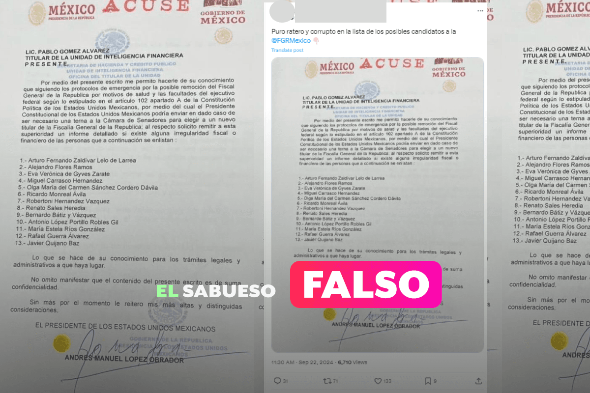 Falso que AMLO envió una carta para sustituir al fiscal Gertz Manero