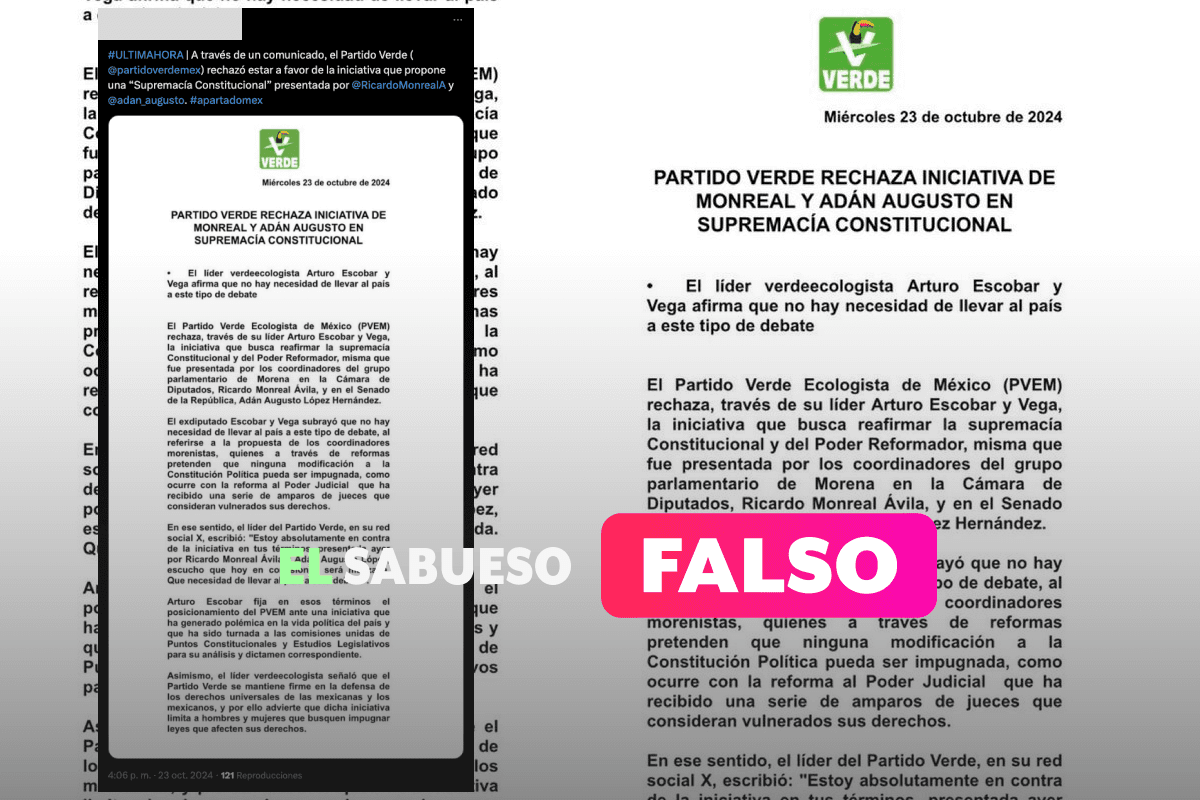 Falso que el PVEM rechace la reforma de ‘supremacía constitucional’ de Morena