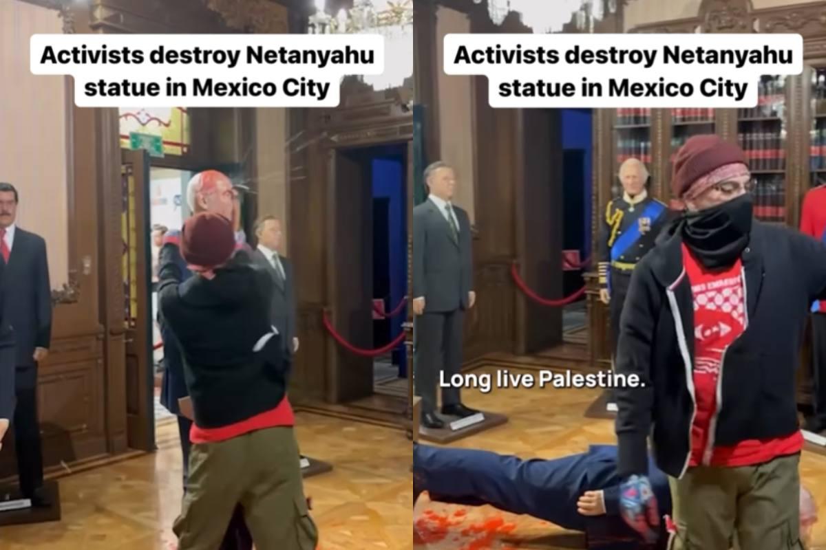 Activismo en museos: destruyen figura de Benjamín Netanyahu en Museo de Cera de la CDMX