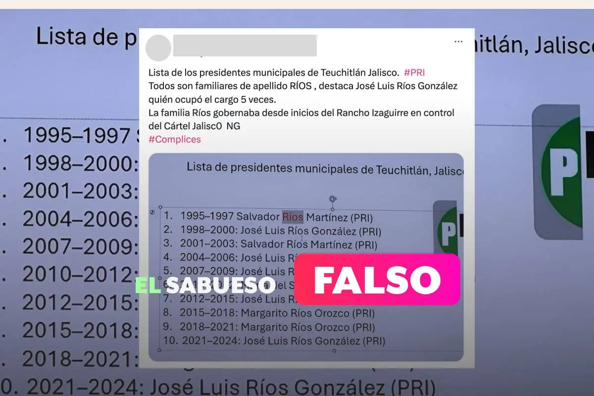 Falso que últimos presidentes municipales de Teuchitlán sean familiares y pertenezcan al PRI