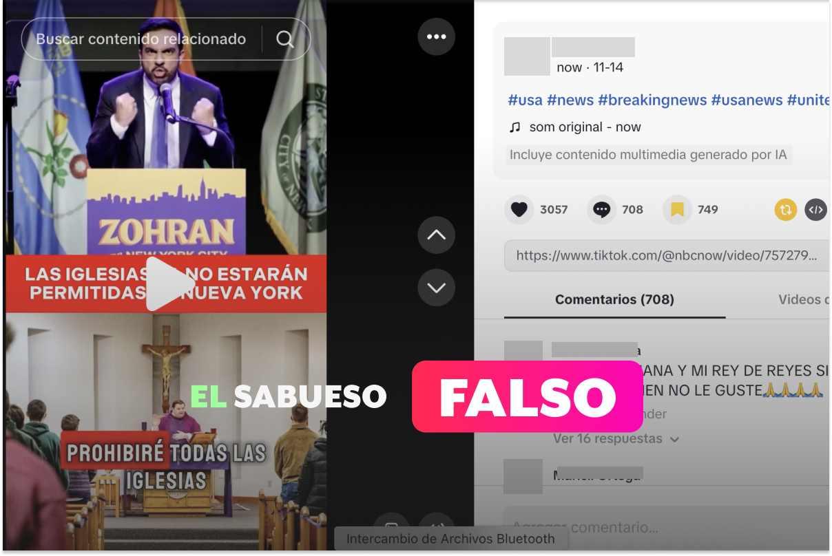 Es falso que Zohran Mamdani, alcalde electo de Nueva York, anunció la prohibición de iglesias y culto religioso en la ciudad