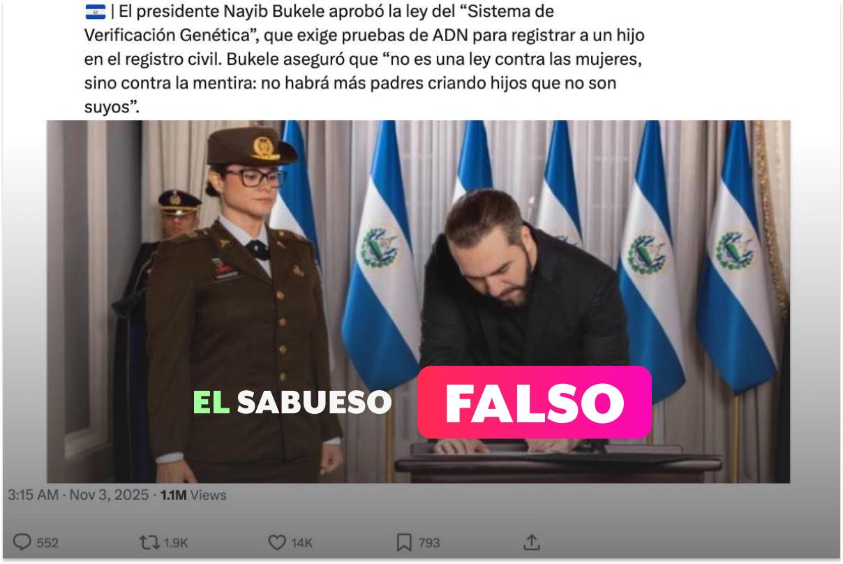 No, Nayib Bukele no aprobó una ley que exige pruebas de ADN para registrar a un hijo
