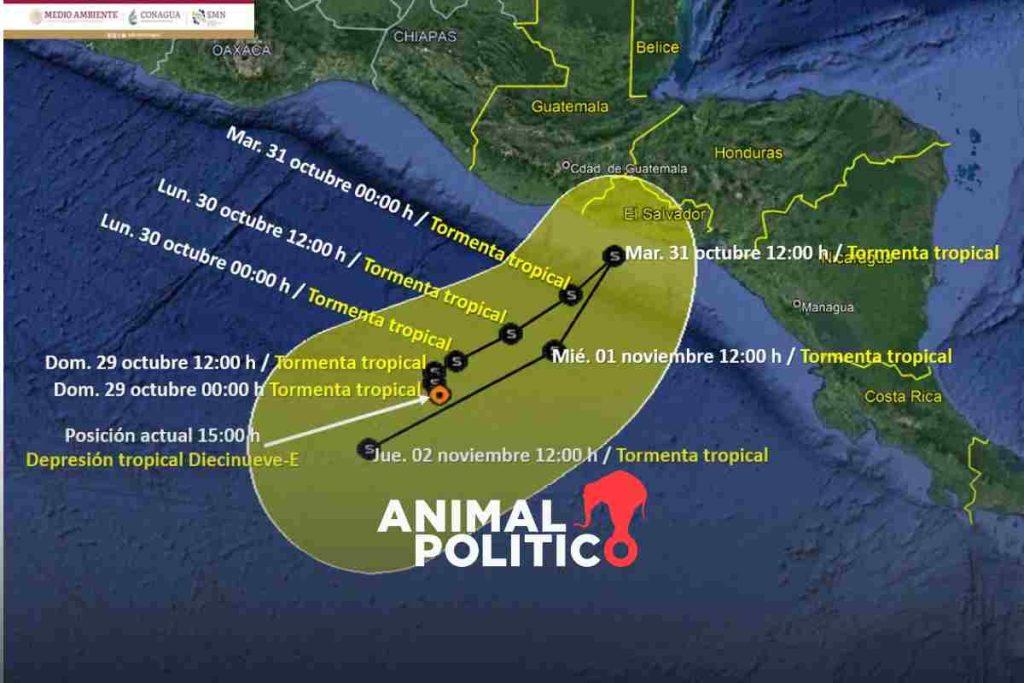 Se forma depresión tropical 19-E al sur de Chiapas; provocará lluvias intensas