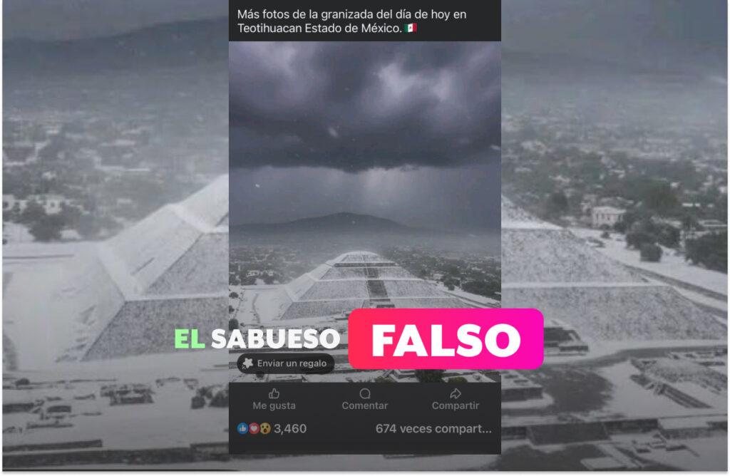 Esta fotografía de la Pirámide del Sol cubierta de granizo no es real